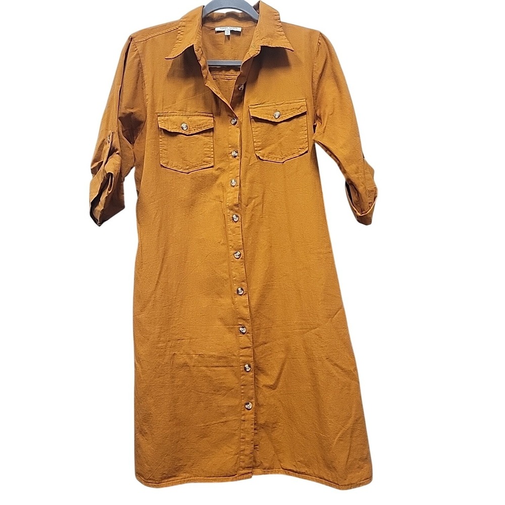 Speed Limit MPH WomensXL Mustard Yellow Roll Tab Sleeve Button Front Shirt Dress